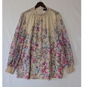 Suzanne Betro Ivory Floral Sheer Smock Neck Blouse‎ Womens Size XL Lightweight